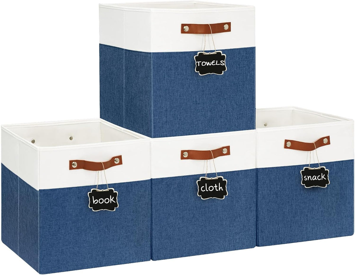 Patvingot 13-Inch Linen Storage Cubes with Labels and PU Handles,4 Pack