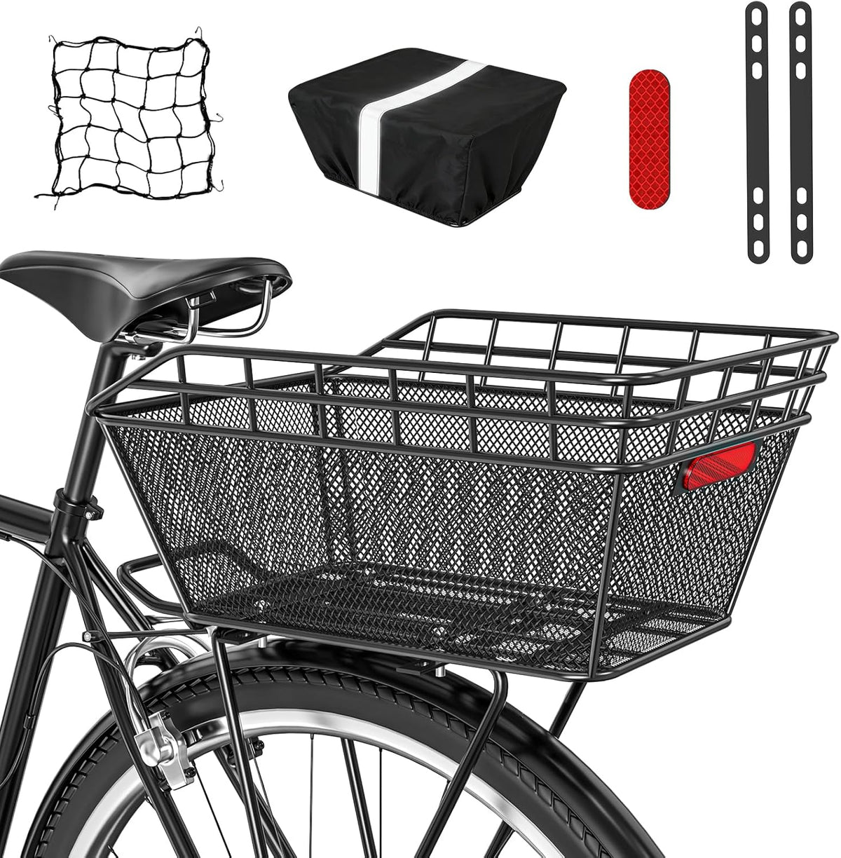 Large Bicycle Basket - Rear Bike Basket with Cargo Net and 2-In-1 Waterproof Cover, Wire Bike Baskets, Large Capacity for Adult Bikes,Electric Bike,Carrying Grocery,Ball,Dog