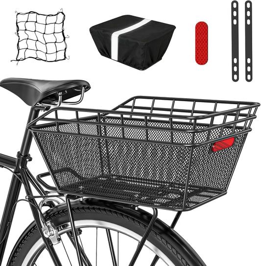 Large Bicycle Basket - Rear Bike Basket with Cargo Net and 2-In-1 Waterproof Cover, Wire Bike Baskets, Large Capacity for Adult Bikes,Electric Bike,Carrying Grocery,Ball,Dog