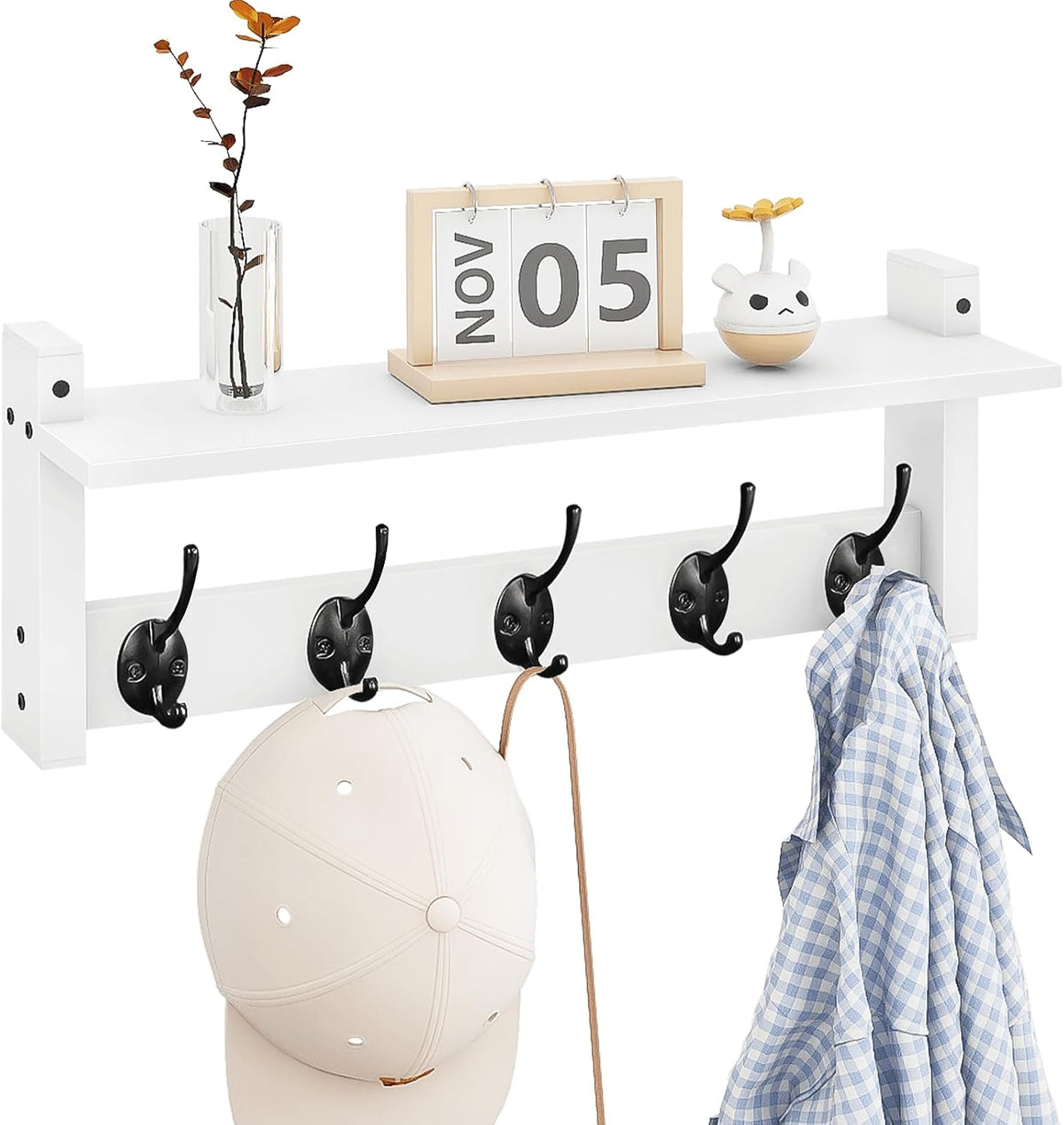Homode Wall Hooks with Shelf, Wood Coat Rack with Shelf Wall-Mounted, Entryway Hanging Shelves with 5 Metal Hooks for Clothes Hats Towel Purse Robes, Bathroom Mudroom Bedroom, Rustic Brown Black