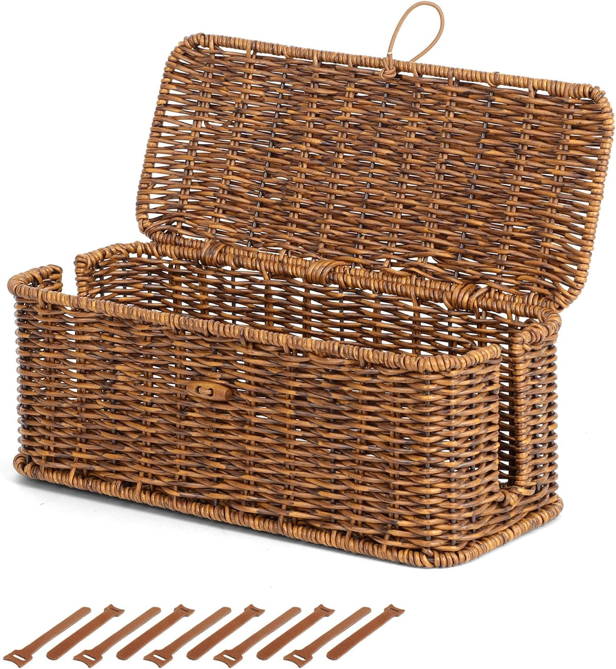Cable Management Box, Cord Organizer with Lid & Cable Ties - Brown, M