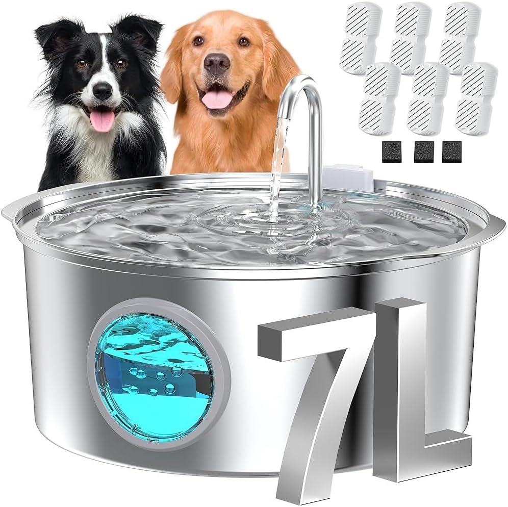Pet Water Fountain for Large Dogs: Metal Dog Fountain with 6 Filters + 3 Sponges
