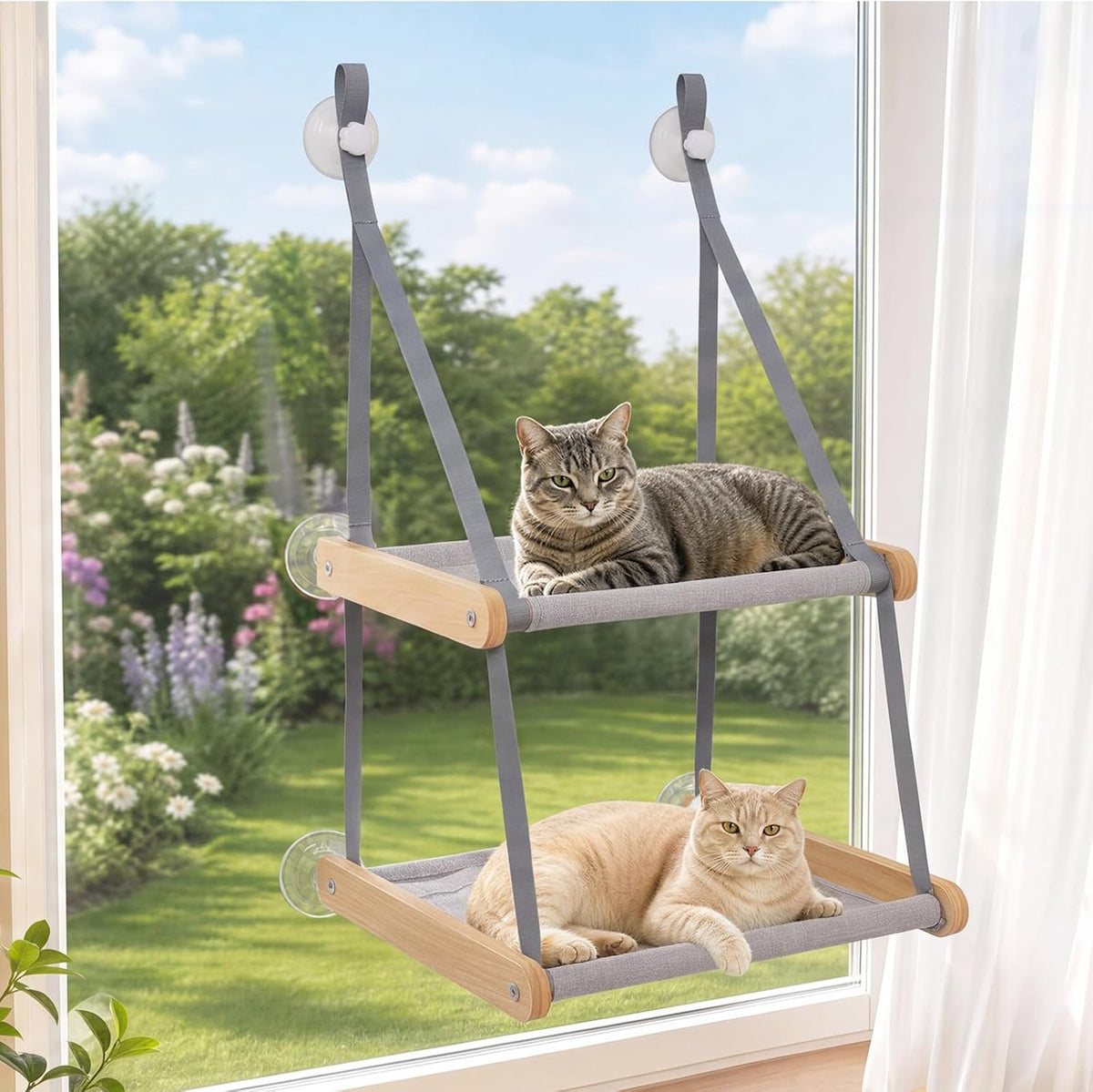 Cat Window Perch for Large Cats – Wooden Cat Window Hammock,Grey