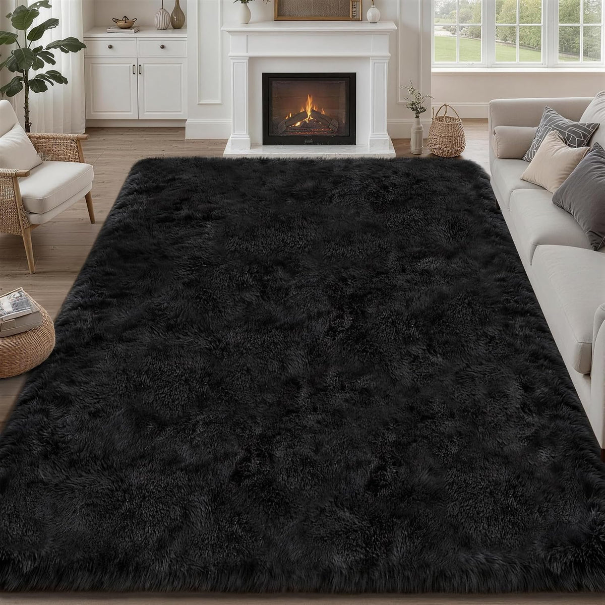 8X10 Area Rug Living Room Bedroom: Fluffy Plush Shag Carpet Black