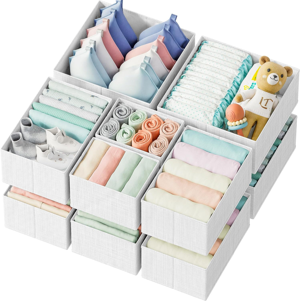 Drawer Organizer Clothes Set of 12 White-Grey - Dresser Organizer for Nursery, Bedroom, Closet - Perfect Baby Clothes Organizer and Storage & General Nursery Organization or Dresser Drawer Organizers