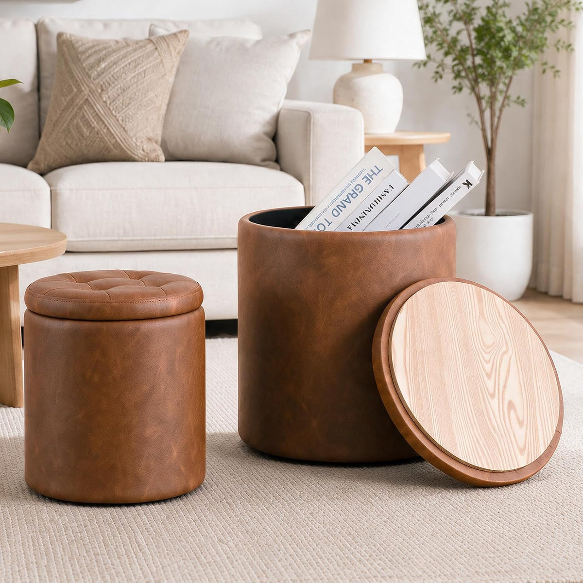 Leather Storage Ottoman Round, Foot Stool with Storage for Living Room