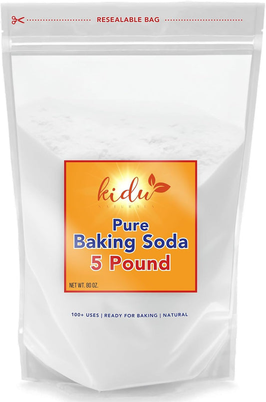 Kidu Baking Soda (5 Lbs) for Cleaning, Aluminum Free Baking Soda Bulk, Sodium Bicarbonate Cat Litter Deodorizer, Pure Baking Soda Odor Absorber for Toilet Bowl, Washing Soda for Laundry, Fridge and Freezer, Flea Powder for Carpets - 5 Pound Bulk Resealabl