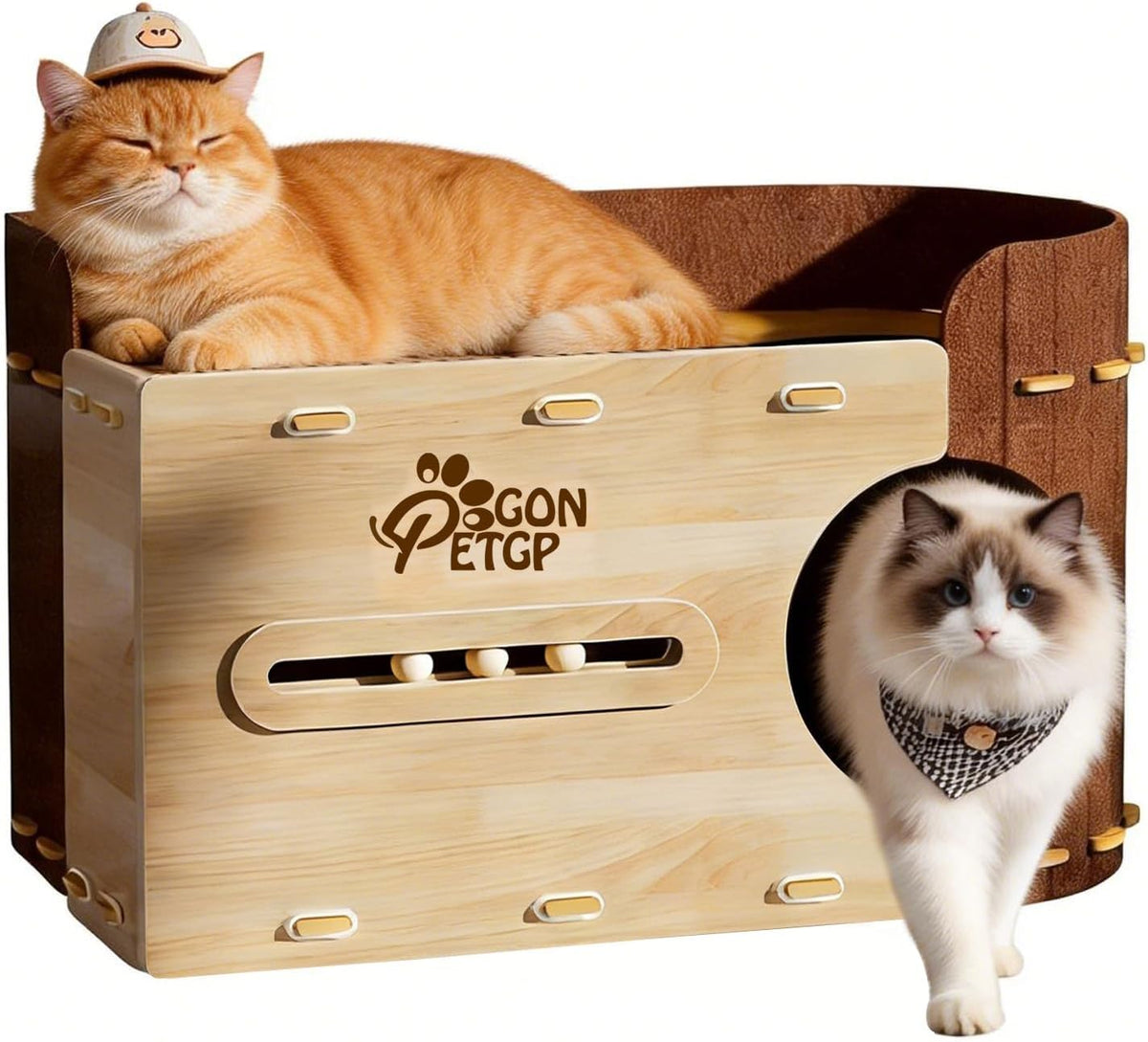 GONPETGP Large Cat Beds for Indoor Cats, Extra Wide Cat House Cave with Scratch Pad Wooden Play Ball, Foldable Felt Kittens Hideaway Condo for Multiple Small Pets