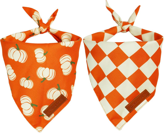 Realeaf Fall Dog Bandanas 2 Pack, Orange Plaid Pet Scarf for Boy and Girl, Premium Durable Fabric, Holiday Halloween Thanksgiving Bandana for Medium and Large Dogs (Large)