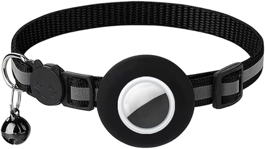 Breakaway Airtag Cat Collar with Reflective Strip, Compatible with Airtag – Lightweight and Adjustable Kitten Collar for Boy and Girl Kittens, Includes Safety Release Buckle and Bell (Black)