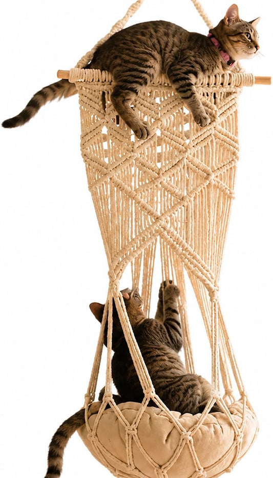Macrame Cat Hammock-Boho Cat Bed Cotton Wall Hanging for Window Indoor Outdoor Home Decor, Macrame Cat Bed Hanging for Sleeping, Playing, Climbing and Lounging 49.2" Lx15.74 W