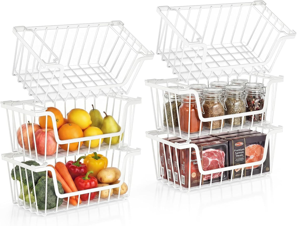 SUNALLY Stackable Storage Bins 4 Pcs Wire Baskets Freezer Organizer, White