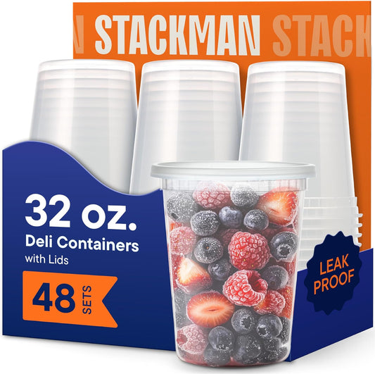 Stack Man 32 Oz Deli Containers with Lids (48 Sets) – Quart Clear Plastic Food Storage Containers, Airtight Leak-Resistant Seal, Bpa-Free, Microwave & Freezer Safe, Meal Prep Soup Takeout To-Go