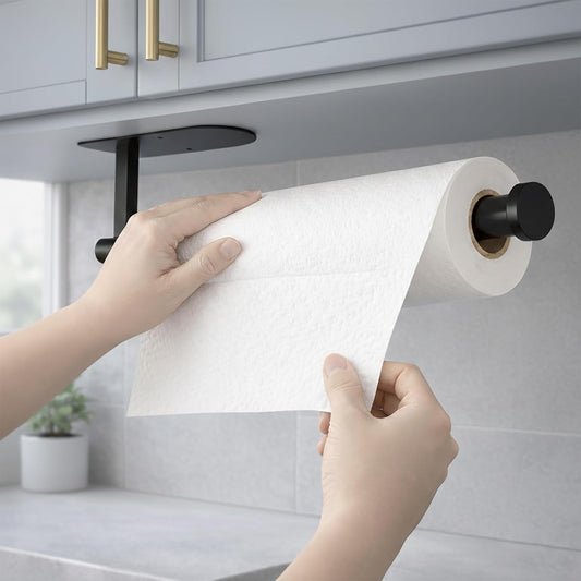 Paper Towel Holder, Self Adhesive or Screw Mounting, Black Wall Mount SUS304 Stainless Steel Paper Towel Holder under Cabinet for Kitchen, Counter, Cabinet, Bathroom