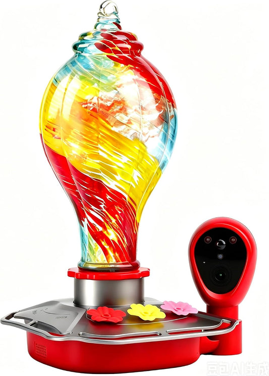Smart Glass Hummingbird Feeder with Camera 2K HD AI Identification,Solar Powered, Auto Recording, Leak/Ant/Bee Proof for Bird Lovers