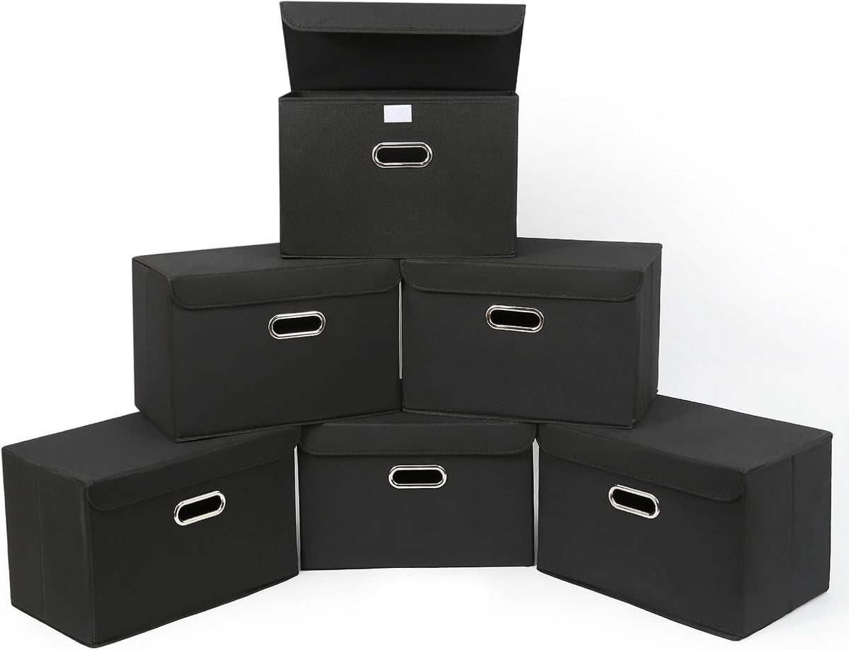 STOREONE Fabric Storage Cube Bins Foldable Organizer Container Collapsible Basket with Lids and Metal Handles, for Home, Bedroom, Closet (Black, 3 Pcs)