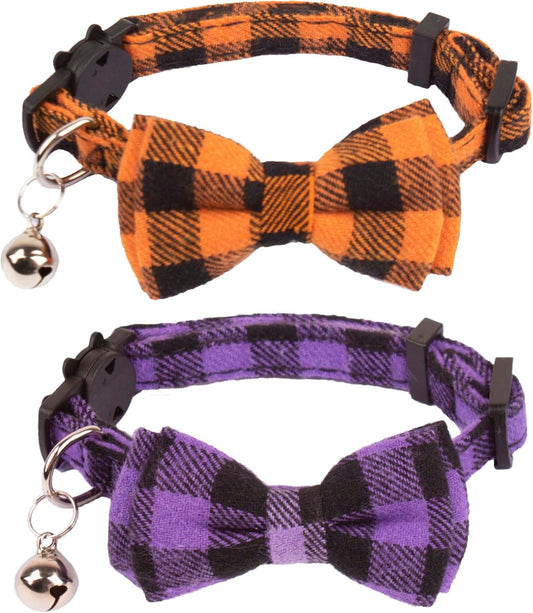 ADOGGYGO Halloween Cat Collar Breakaway, Plaid Cat Bow Tie Collar, 2 Pack