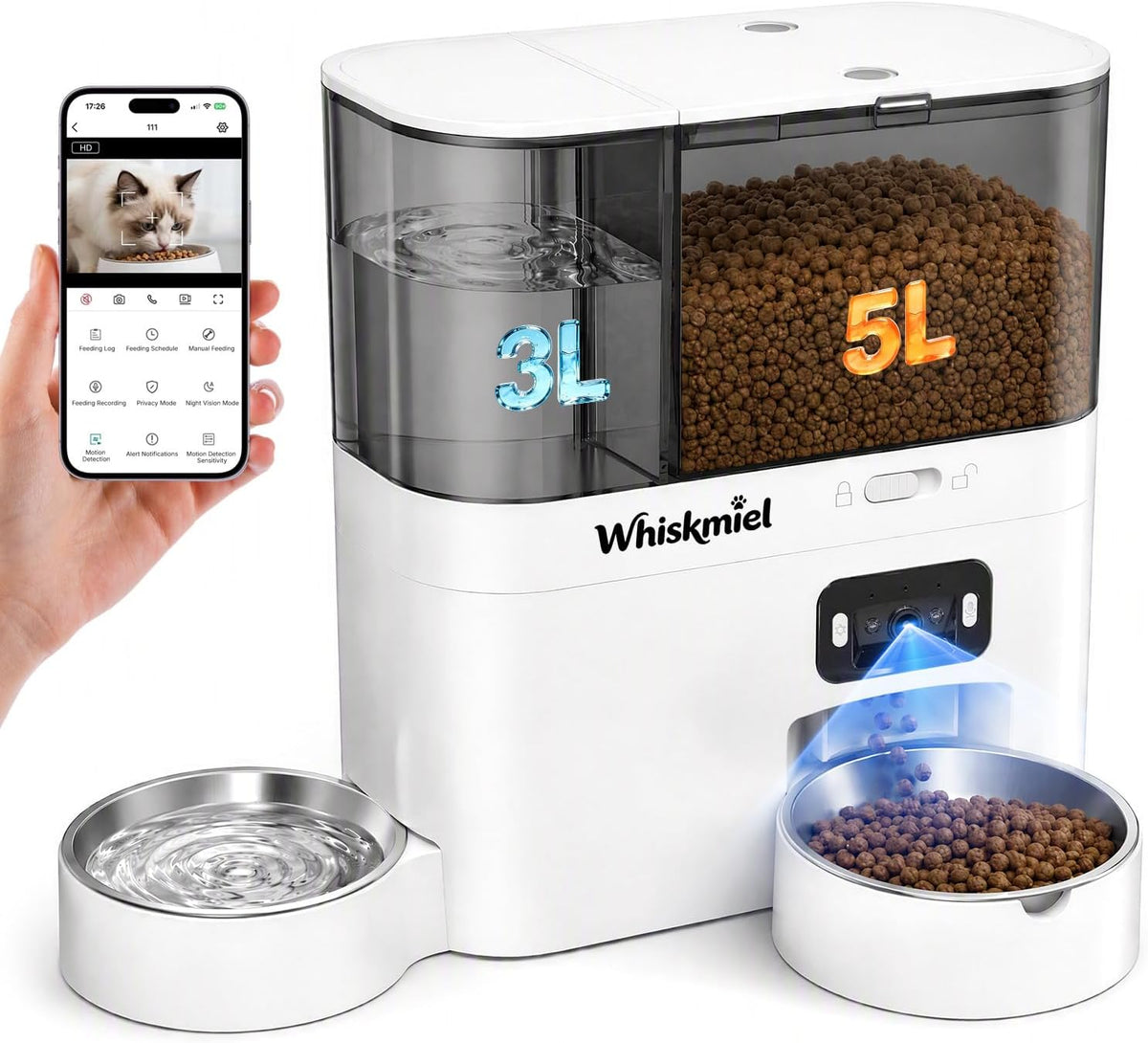 5L Automatic Cat Feeder with Camera & 3L Water Dispenser, Wifi