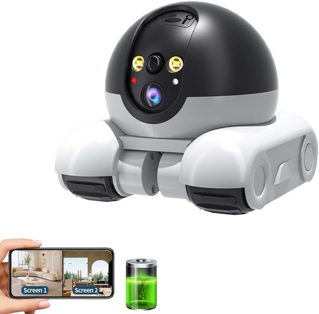 Movable 2MP+2MP Dual Lens Dual Screen Pet Robot 2.4 Ghz Wifi Smart Home Security Camera P 360°/T 90° Rotation Monitoring Phone App 2 Way Audio Motion Detection Alerts Night Vision Cat Dog Camera