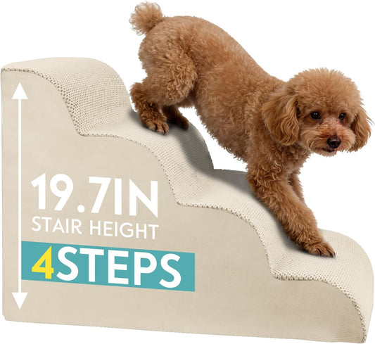Dog Stairs for Small Dogs 19.7" H, 30D High Density Whole Foam, Corduroy Fabric, Pet Stairs Steps Ramp for Puppy, Older Cat, Non-Slip Bottom Dog Steps for Bed and Couch (Beige, 4-Step)