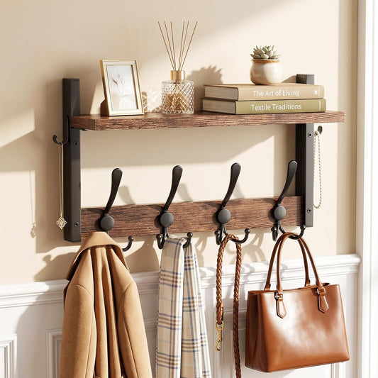 Coat Rack Wall Mount with Shelf – Entryway Organizer with 6 Hooks for Clothes Hats Towel Purse Robes,Bathroom Mudroom Bedroom,（Rustic Brown,16 Inch）