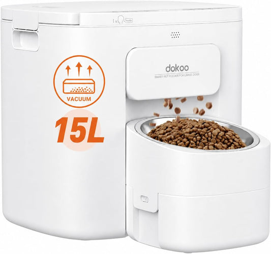 Dokoo Automatic Dog Feeder for Large Breeds, 15L/63 Cups Vacuum-Sealed Airtight Auto Pet Feeder for Dry Food, Timed Feeding, Anti-Clog Dispenser 2-22Mm Kibble, Voice Recorder, Stainless Steel Bowl