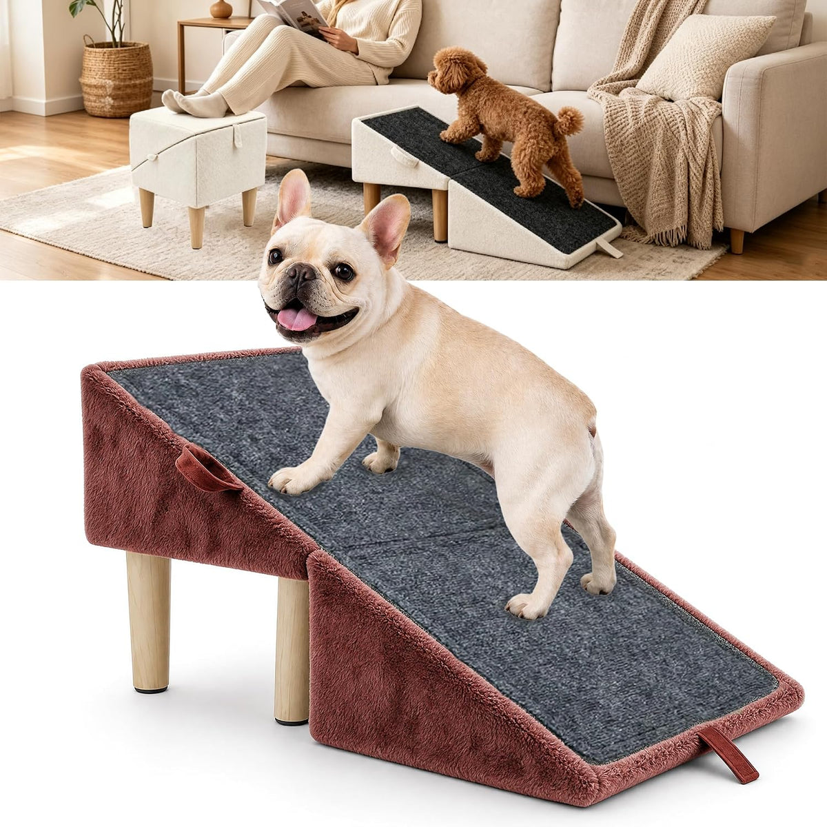 Split Ottoman Dog Ramp for Couch & Bed, 2-In-1 Foldable Wooden Pet Stairs & Steps, Anti-Slip Dog Steps for Small Dogs, Puppies & Senior Dogs, Space-Saving Pet Ramp Ottoman,Brown