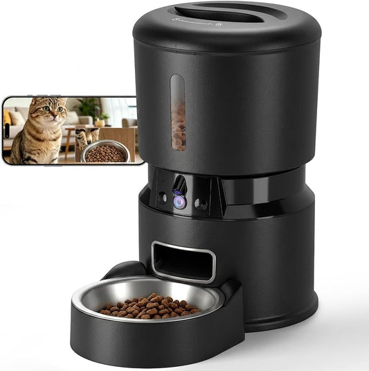 Automatic Cat Feeder with 2K Dual Cameras, 5G Wifi Smart Cat Food Dispenser with Night Vision 4MP, 2-Way Audio, App Control, 4L Auto Pet Feeder for Cats, Small Dogs Black