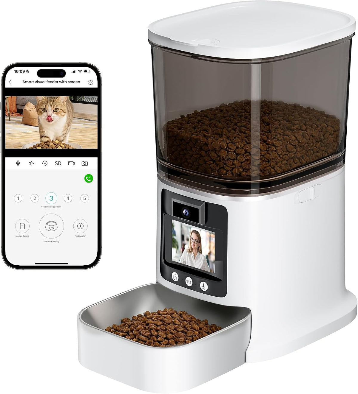Automatic Cat Feeder with Camera, 2-Way Video& Audio, HD Video with Night Vision, 5G Wifi Pet Feeder, 5L Large Food Storage Container for Multiple Pet, Detachable for Easy Clean (White)
