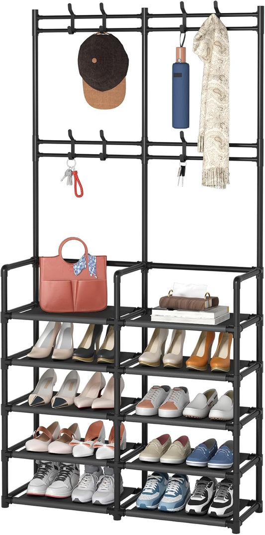 Laiensia 5-Tier Entryway Coat Rack, Coat and Shoe Rack, Entryway Bench Storage Organizer with 8 Hooks for Bedroom, Hallway, Office, Black