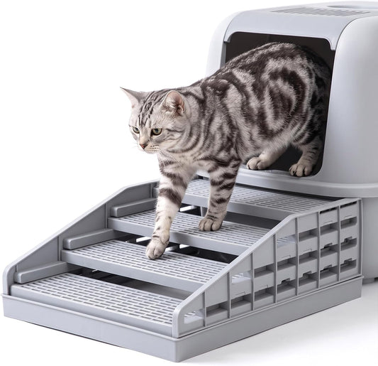 Litter Box Step Cat Ramp Litter Catcher for Cat Litter Boxes Height Adjustable Litter Mat for Small and Senior Cats Washable Water-Proof - Grey