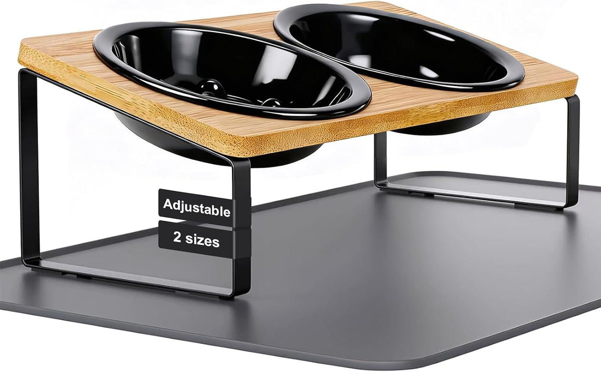 LEAWALK Upgraded Adjustable Height Cat Food Bowls Stand Ceramic Dog Bowls and Slow Feeder Cat Bowl, 15°Tilted Stand anti Vomiting Raised for Small and Medium Sized Cats Dogs (Black)