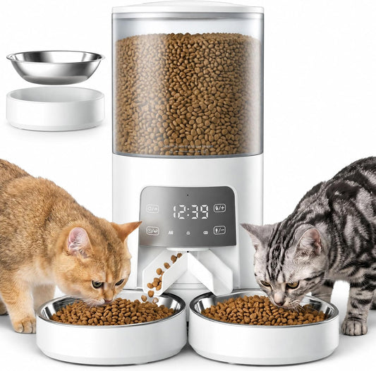 DUMOS 6L Automatic Cat Feeder for 2 Cats, Timed Pet Food Dispenser, White