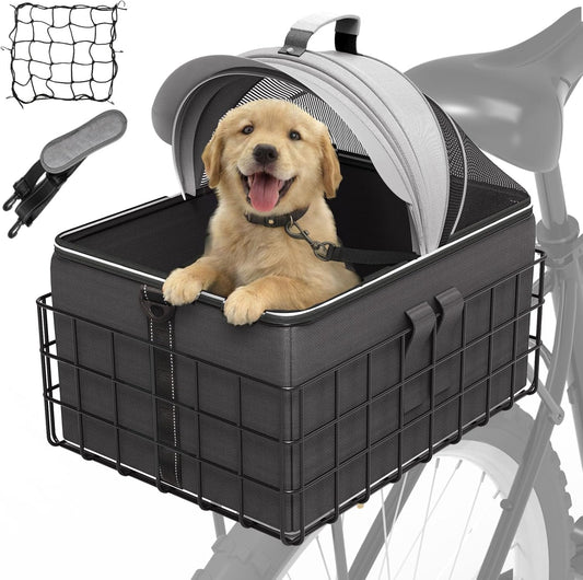 YEEGO DIRECT Dog Bike Basket for Rear Rack, 2-In-1 Pet Carrier & Cargo Basket, Detachable Dog Carrier for Bicycle with Safety Leash, Fits Small Medium Dogs Cats up to 20 LBS, Basket Patented Design
