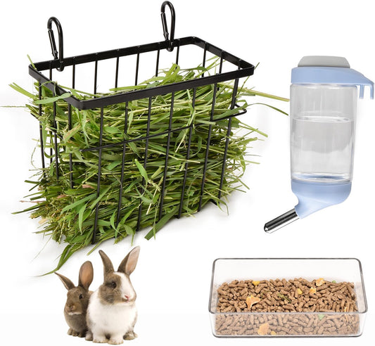 SANGLE SOPFFY Rabbit Hay Feeder Small Animal Feeding Set with 350Ml Water Bottle, Hay Rack, Pellet Dish for Guinea Pigs, Chinchillas, Bunny- Multifunctional Pellet Food Bowl Dispenser