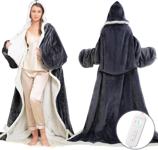 Wearable Heated Blanket with Foot Pocket, Electric Wearable Throw Blanket with Sleeves, Hood, Portable Heated Blanket with 8 Heat Settings, 1-10 Hours Auto Shut-Off, Gift for Family, Friends, 50*70"