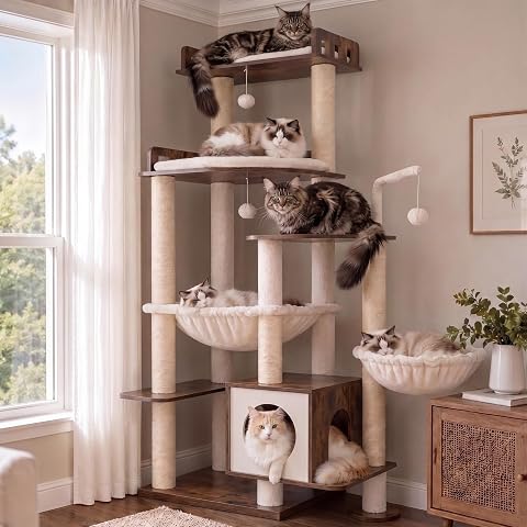 Heybly Cat Tree, 70.5" Wood Tall Cat Tower for Large Indoor Cats HCT121SR