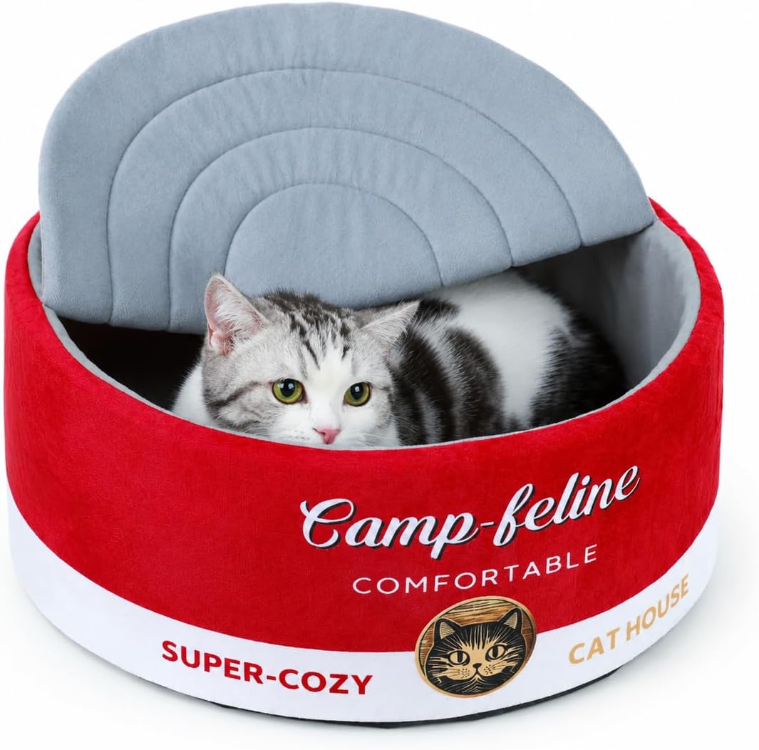 PECHVINO Enclosed Cat Bed for Indoor Cats & Kittens - Calming Cute Can-Shaped Covered Pet Cave with Removable Washable Cushion, Self-Standing Cozy Hideaway for Cats & Small Dogs up to 15 Lbs