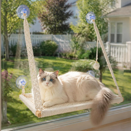 Cat Window Perch with Foldable Hook,22"X14",Handwoven Catio Bed for Large Cats,Macrame Window Cat Bed, Bohemian Cotton Hammock,Grade Suction Cups-Solid Pine Wood