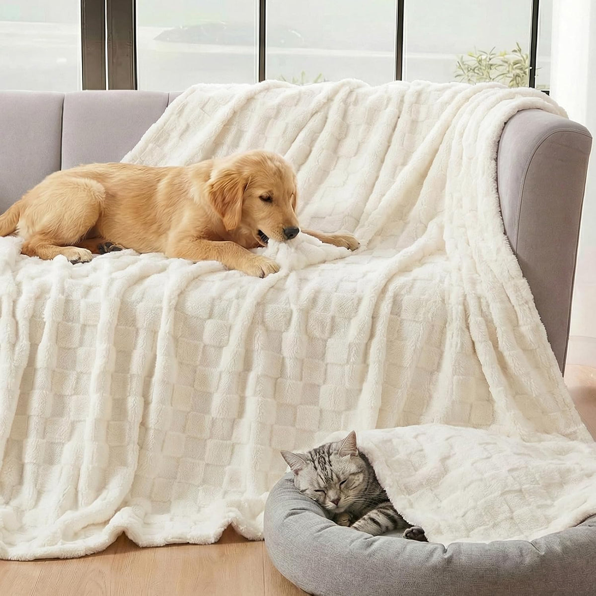 David'S Home Large Dog Blankets Washable Pet Bed Cover, Soft Fluffy Fuzzy Cat Puppy Blanket with Premium 300GSM Fleece for Pet Kitten Doggy, Aqua Gray, 50X60In