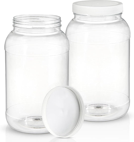 ZOOFOX 2 Pack Plastic Jars with Lids, 1 Gallon Wide Mouth Storage Containers, Empty Plastic Jars for Kitchen & Household Storage of Dry Goods, Peanut, Candy, Noodles