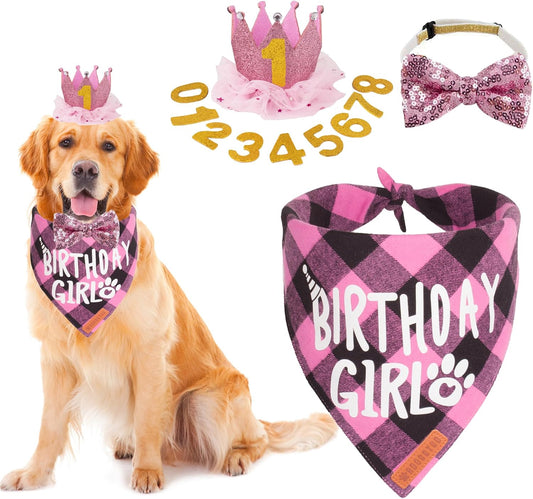 ADOGGYGO Dog Birthday Hat Bandana Set, Pink Plaid Girl Dog Bandana, X-Large