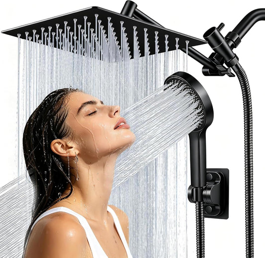 Shower Head, 8 Inch Multifunction High Pressure Rain Shower Head with Handheld Spray Combo with 11'' Angle Adjustable Extension Arm/Flow Regulator/Shower System Matte Black