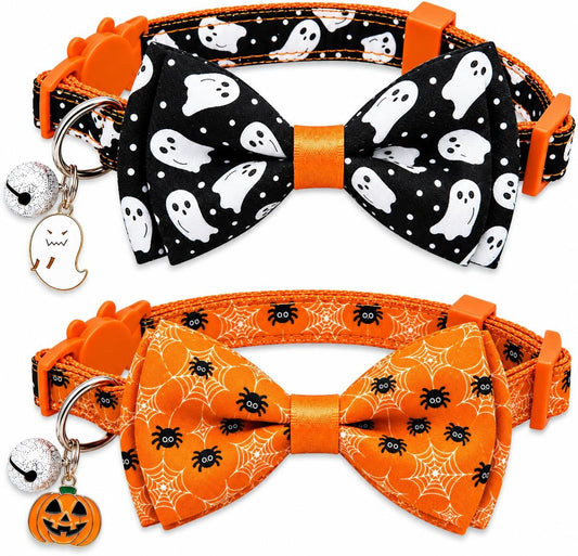 2 Pack Halloween Breakaway Cat Collars with Bow Ties, Ghost & Spiderweb