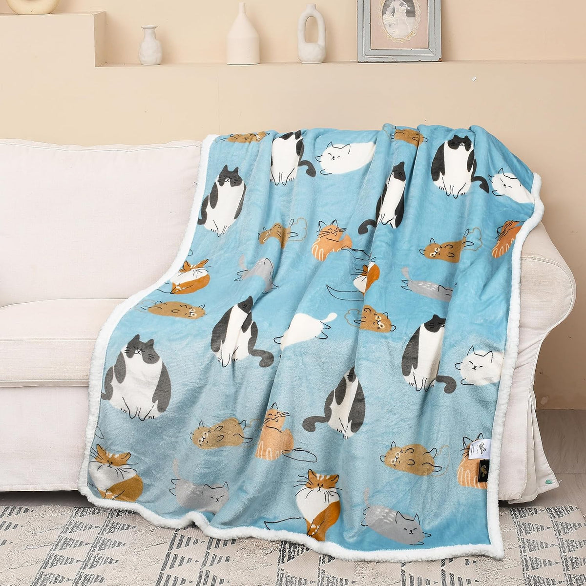 Catalonia Cat Print Sherpa Fleece Throw Blanket, Soft Mink Plush Couch Blanket, Fuzzy Fluffy Comfy Warm Throws, Comfort Caring Gift, 50X60 Inches, Baby Blue