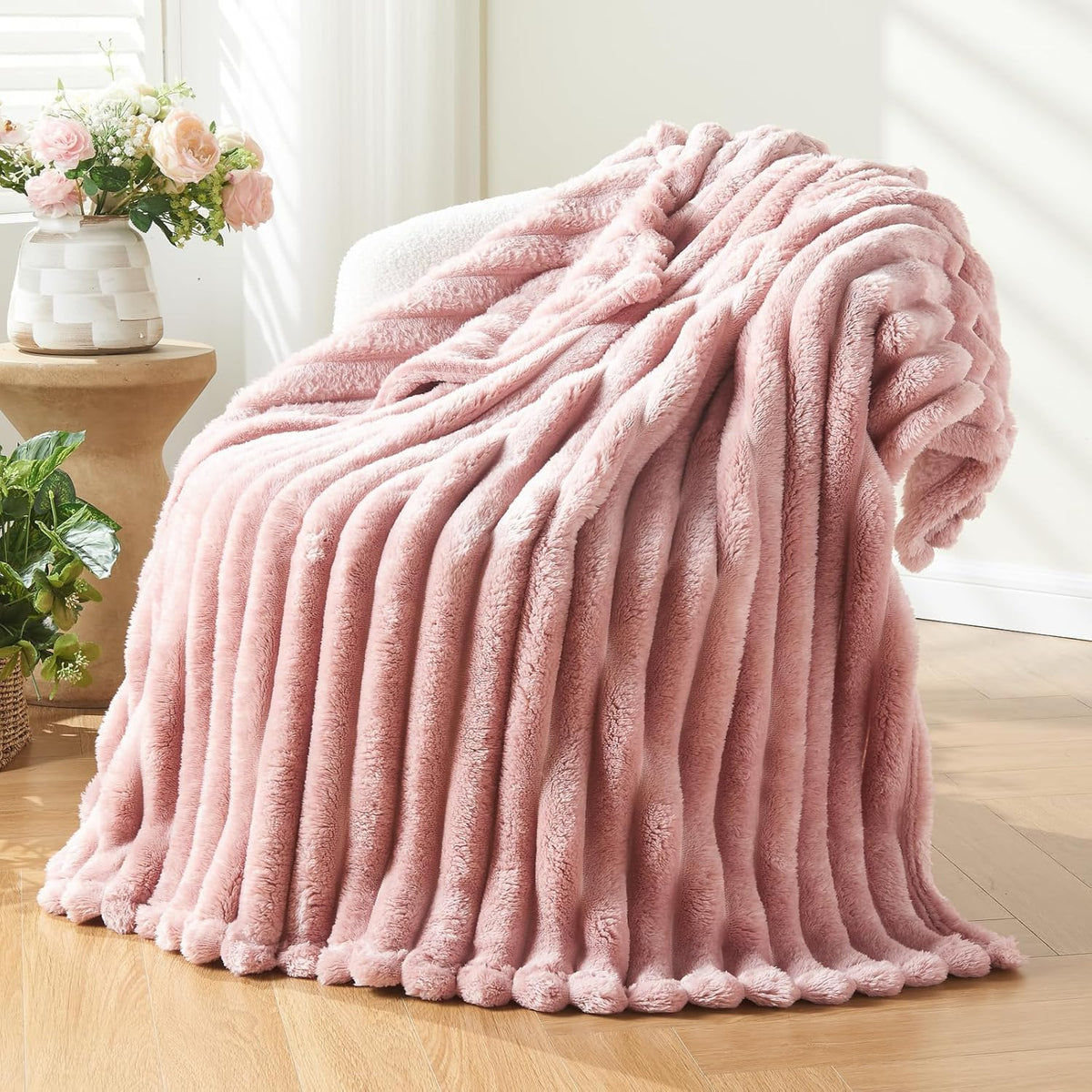NEWCOSPLAY Fleece Ribbed Cozy Throw Blanket for Couch, Pink, 50"X60"