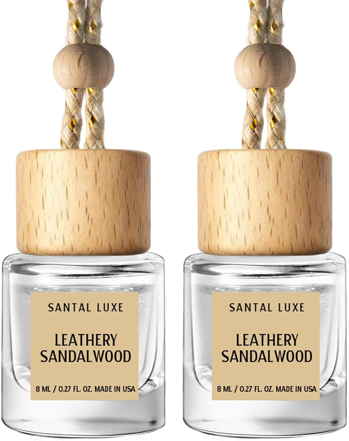 C Classy Hanging Car Air Freshener 2 Pack, Leathery Sandalwood Essential Oil Diffuser, Long-Lasting Fragrance, Cute Glass Bottle Car Accessories for Women & Men, Made in USA