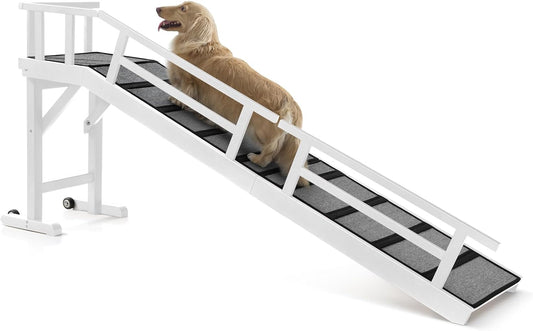 Dog Ramp for Bed or Couch, Wooden Pet Ramp with 20° Gentle Slope, Removable Side Rails, Non-Slip Surface, Top Platform & Wheels, Safe Bed Ramp for Small, Large & Senior Dogs, 74" Long, Mahogany