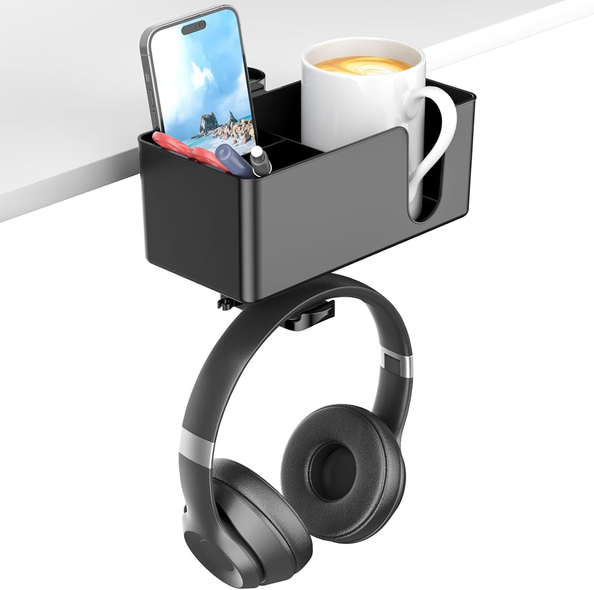 KDD 4 in 1 Desk Cup Holder - Clamp on under Desk Headphone Hanger - Rotating Headphone Holder Detachable Pen Cup Holder Desktop Storage for Cup, Phone and Pen(Black)