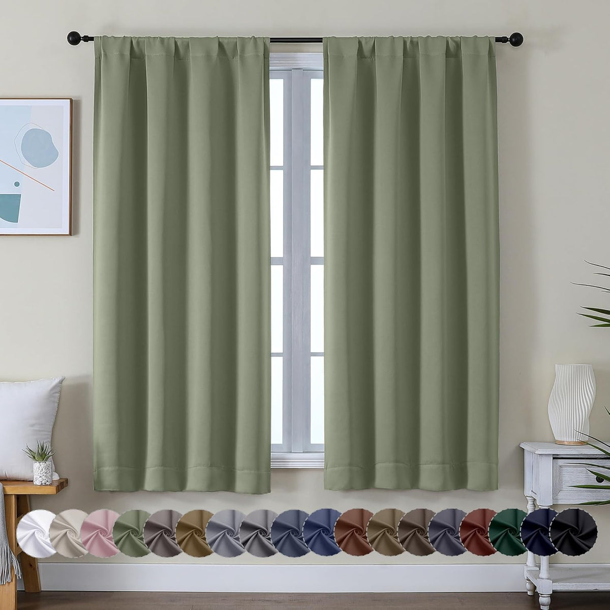 Simplebrand Ava Sage Green Blackout Curtains 63 Inch Length for Bedroom
